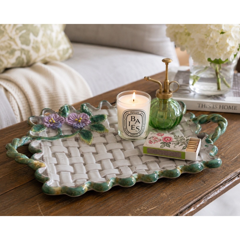 Vtg Italian Majolica Weave‎ Ceramic Decorative Tray Floral